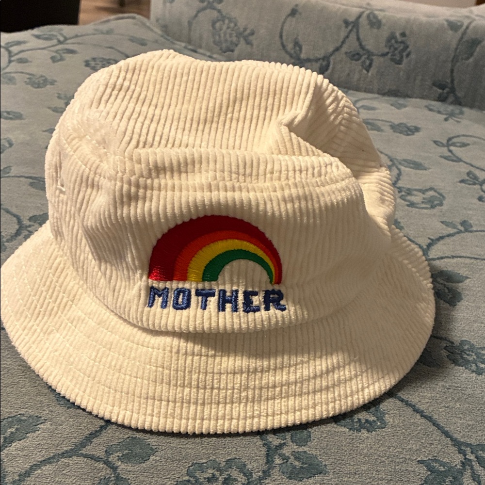 MOTHER White Bucket Hat with Rainbow Embroidery